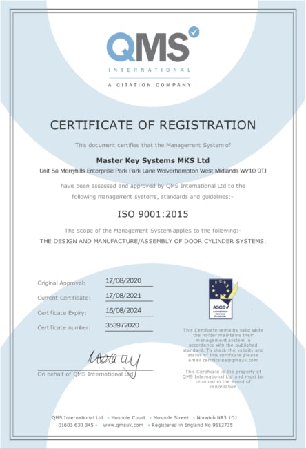 Master Key Systems ISO 9001 Certificate